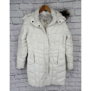 Eddie Bauer Womens White Down Puffer Coat Faux Fur Hood Quilted Insulated Size L